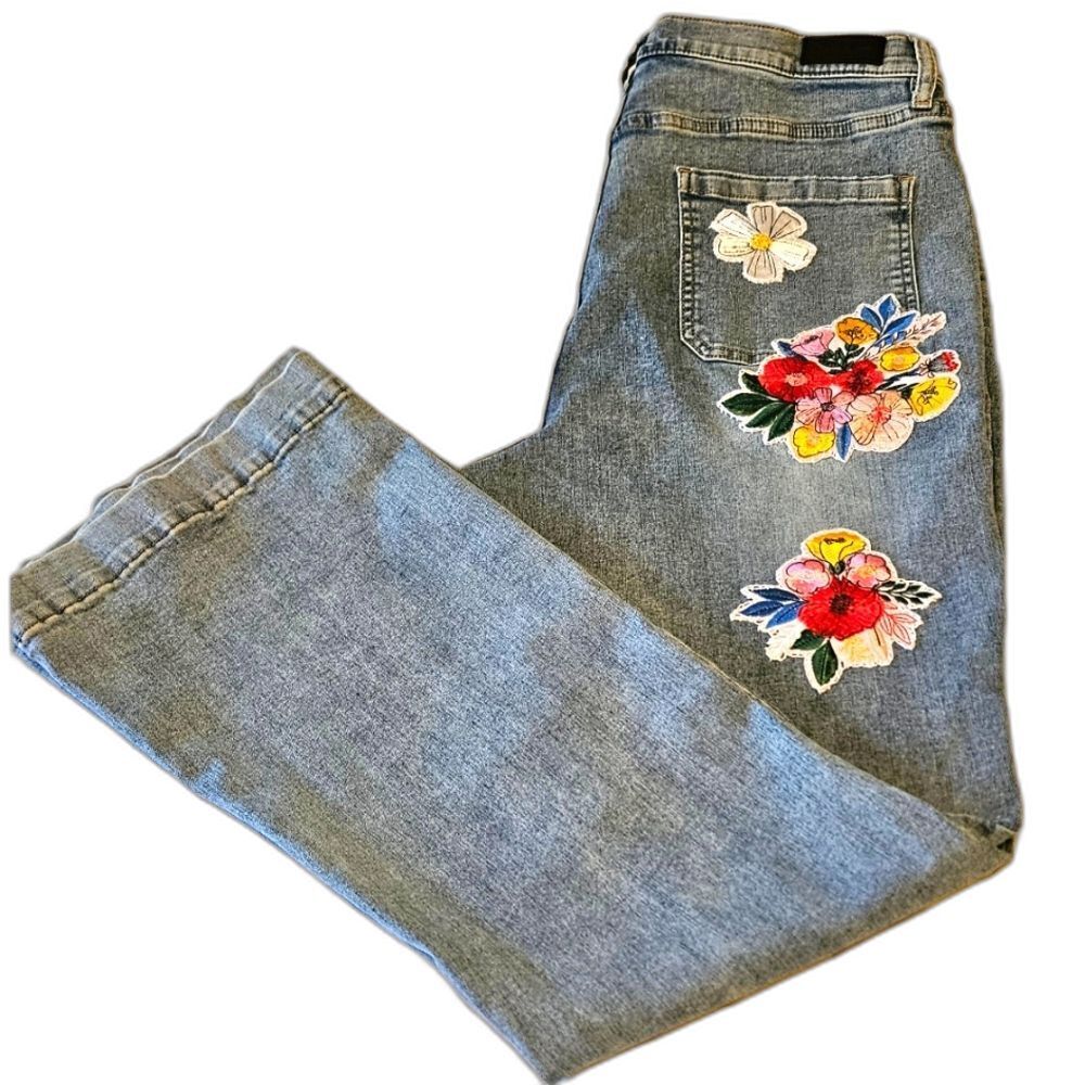 Nicole Miller Jeans Sz 14 Womens Nomad Patches High Rise Bell Bottom Vintage